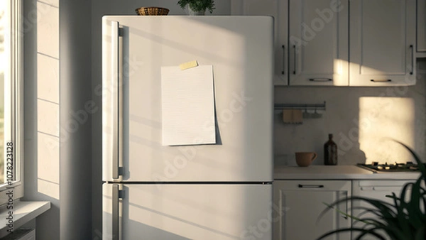 Obraz Blank paper on fridge with clip in cozy kitchen with natural light and fresh plant
