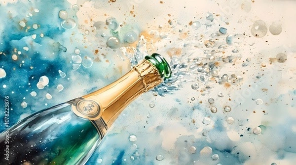 Fototapeta Watercolor Artistic using soft, brushy watercolor strokes, Single object picture - a champagne bottle popping open with festive bubbles