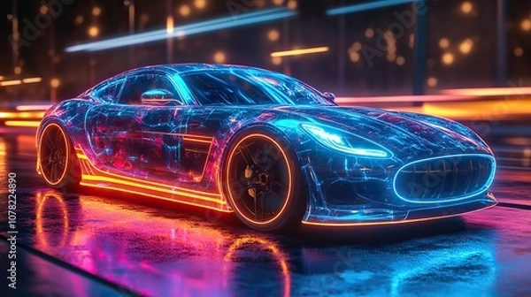 Fototapeta a automobile car with neon style 3d rendering