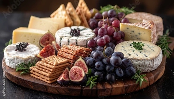 Obraz A wooden platter with various cheeses, grapes, figs, and crackers