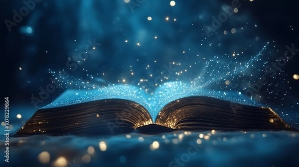 Fototapeta Open magic book with warm glowing lights on dark blue background. Concept of Fantasy, Mystery, Wisdom, Magical