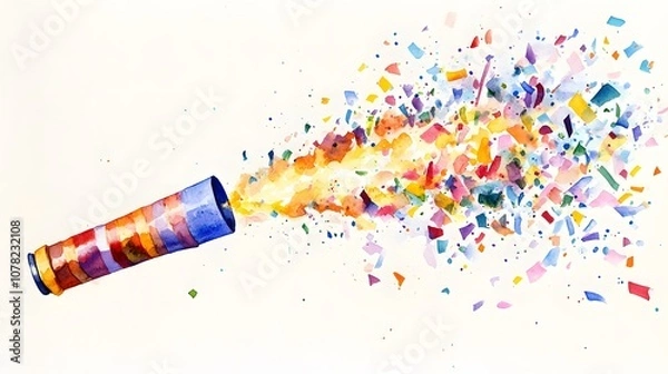 Fototapeta Watercolor Artistic using soft, brushy watercolor strokes, Single object picture - a confetti cannon mid-explosion, showering the air with colorful paper