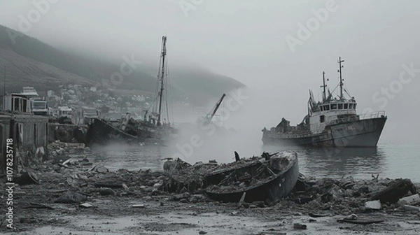 Fototapeta A dilapidated fishing village with wrecked boats and a single boat still intact, shrouded in mist and fog.