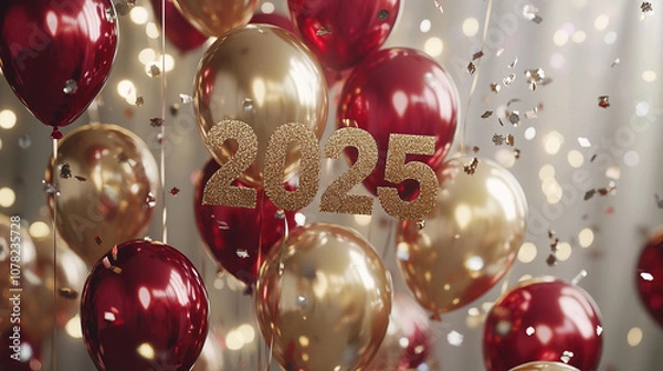 Fototapeta Festive "2025" balloon display in metal texture red and gold, set against a simple background with floating confetti, creating an exciting and vibrant New Year celebration atmosphere.