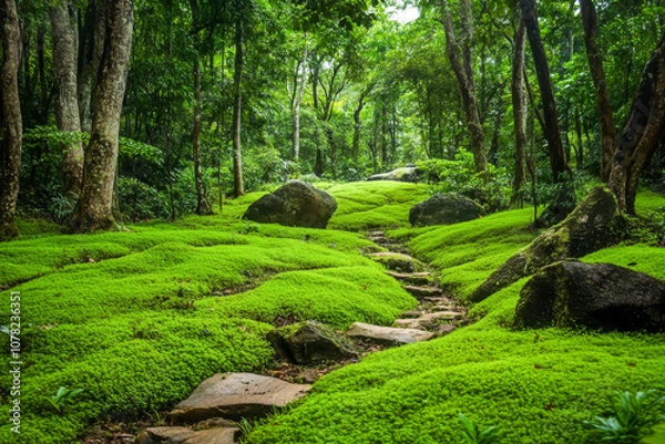 Fototapeta A lush green forest with a path through it. The path is lined with rocks and the grass is very green