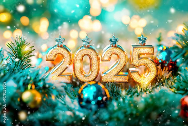 Fototapeta Happy New Year background. Numbers 2025, fir branches and bokeh