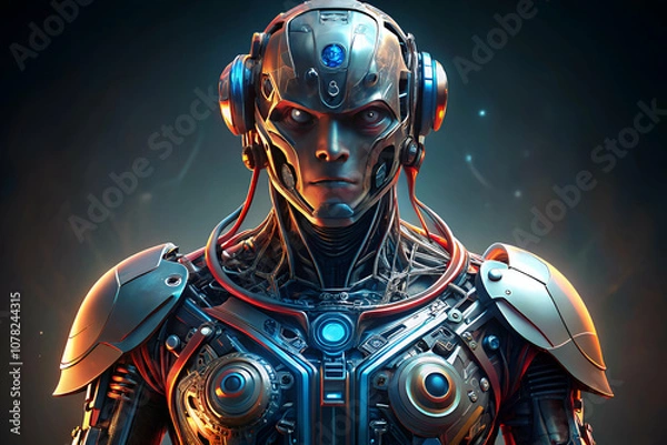 Fototapeta A futuristic humanoid robot with intricate metallic features and glowing elements, evoking a blend of technology and artistry.