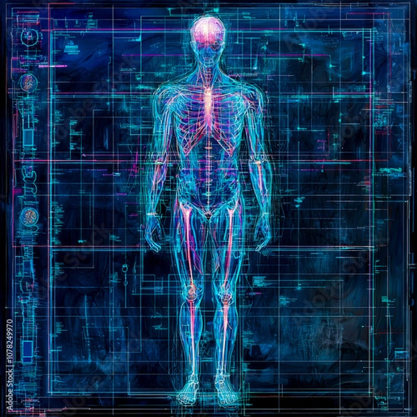 Obraz A man's skeleton is shown in a blue and green color scheme
