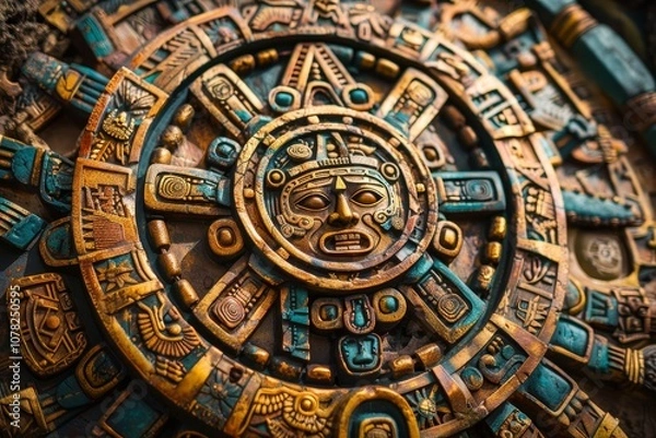 Obraz Intricate Aztec Calendar Display Featuring Detailed Carvings and Vibrant Colors, Showcasing Ancient Craftsmanship and Rich Cultural Heritage