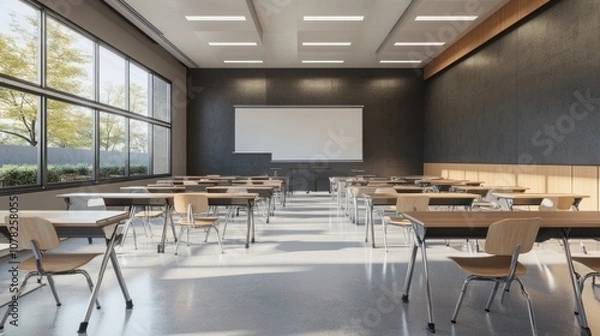 Fototapeta A modern classroom with desks, chairs, and a whiteboard, designed for learning.