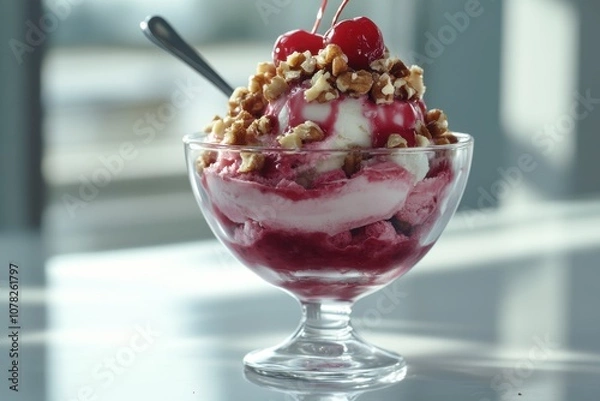 Fototapeta Berry ice cream topped with strawberries chopped nuts and a cherry served in a glass dish with a parfait spoon illuminated by natural light on a glossy surface