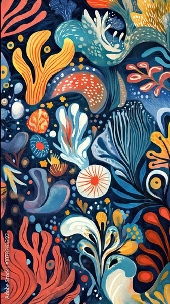 Fototapeta Colorful abstract patterns inspired by beach flora and fauna, featuring vibrant shapes and lively