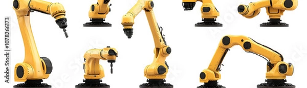 Fototapeta Yellow Industrial Robotic Arm with Black Joints in Various Poses Isolated on a Transparent Background