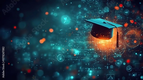 Fototapeta digital illustration of an online education platform with icons representing educational elements like graduation caps computer screens and data visualizations on a blurred background