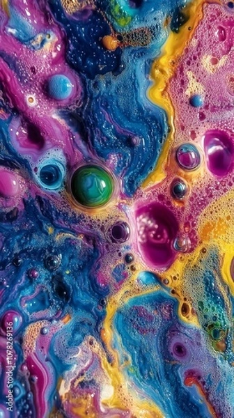 Fototapeta Vibrant swirling colors and bubbles create an abstract, fluid art piece, capturing the beauty of liquid motion and texture.