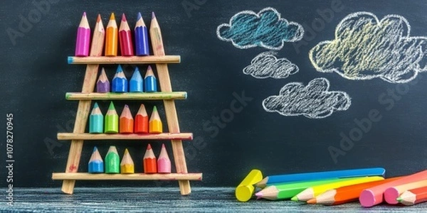 Fototapeta A colorful ladder made of chalks and pencils stands near fluffy clouds drawn on a blackboard.