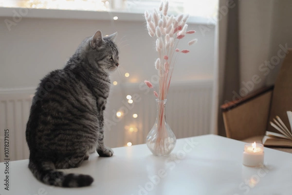 Fototapeta pets, christmas and hygge concept - tabby cat by garland lights at home. Cozy home atmosphere. Lazy winter weekend