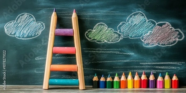 Fototapeta A colorful ladder made of chalks and pencils stands near fluffy clouds drawn on a blackboard.