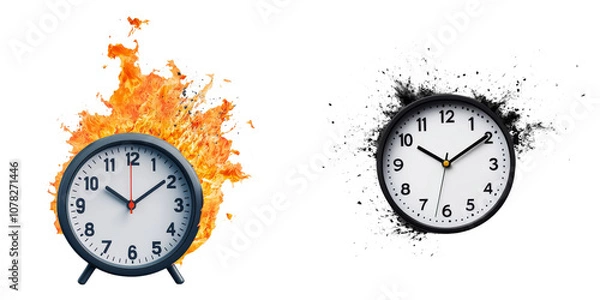 Fototapeta A striking clock flanked by fire on one side and smoke on the other, representing contrasting themes of urgency and calm.