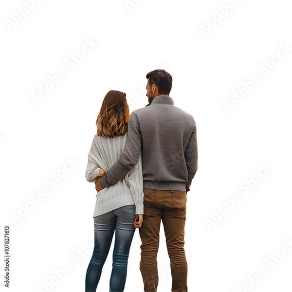 Fototapeta A couple standing in front of their new home, looking at the house with excitement and anticipation, isolated on transparent background.