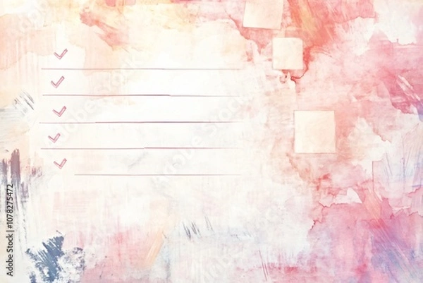 Fototapeta Soft Watercolor Background with Checklist Elements for Planning, Organization, and Creative Projects in Pastel Tones and Textured Style