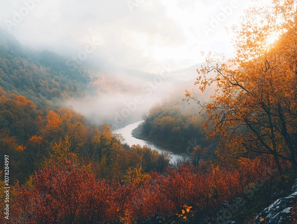 Fototapeta A misty autumn valley featuring colorful foliage along a winding river, with soft light filtering through the trees creating a serene atmosphere for landscapes.