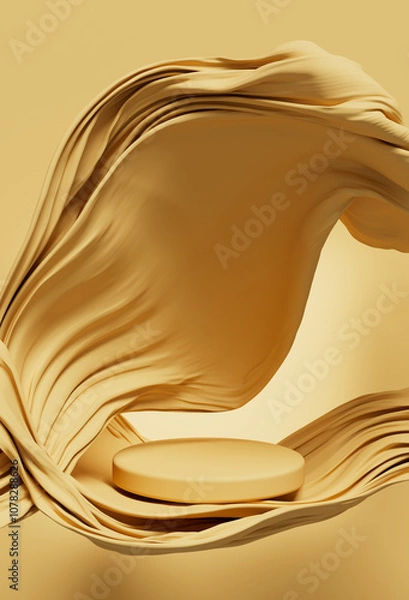Fototapeta 3D display podium, yellow background with pedestal and flying  silk cloth curtain. Nature wind. Beauty, cosmetic product presentation stand. Luxury feminine mockup 3d render advertisement	
