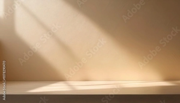 Fototapeta Light beige wall with warm natural sunlight glow.