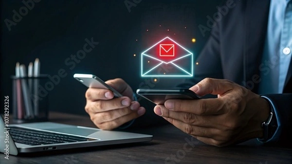 Fototapeta A professional in a dark, blue-lit office interacts with holographic email icons on smart devices, symbolizing seamless digital communication V1