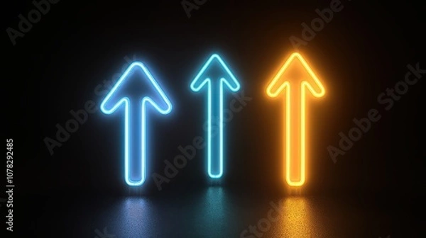 Fototapeta Three neon arrows, bright yellow and blue, glowing upward against a black background, representing advancement and innovation in vibrant light