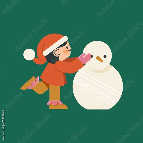 Fototapeta Elf in a costume is making a snowman. Cute character is Santas assistant in a red hat. Vintage vector flat style illustration.