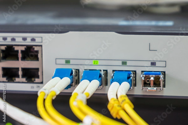 Fototapeta optical fiber cables plug in in network switch