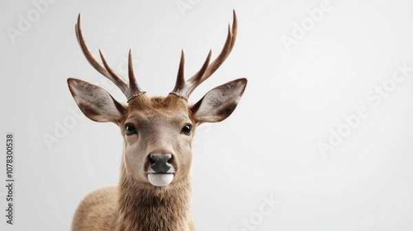 Fototapeta Detailed front view of a stag with finely illustrated antlers against a white backdrop, perfect for bold nature-inspired designs.