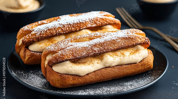 Fototapeta Close-up view of churro sandwiches filled with vanilla ice cream on a black plate, dusted with powdered sugar and accompanied by a bowl of sauce and forks in the background.