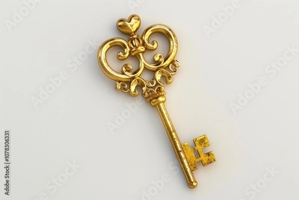 Obraz Gold Heart Background. Aged Key Closeup Access on White Background