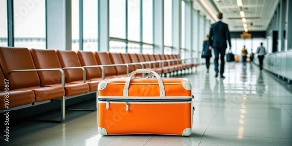 Obraz Travel luggage bag in an airport lounge with airport background, template for travel quotes