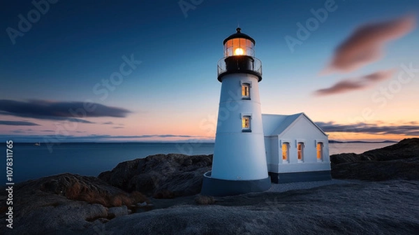 Fototapeta Lighthouse illuminated at dusk or dawn on rocky coastal landscape with calm sea and colorful sky in the background.