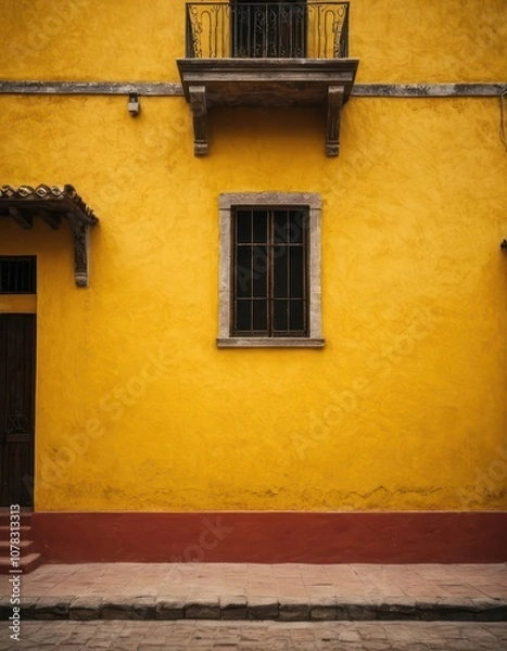 Obraz Warm & Vibrant Mexican Colonial Yellow Wall Background with green leaves