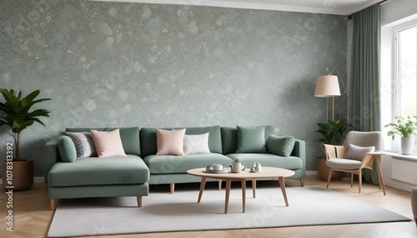 Obraz Scandinavian living room interior design zoom background,Doodle Galaxy patterned wallpaper graphics