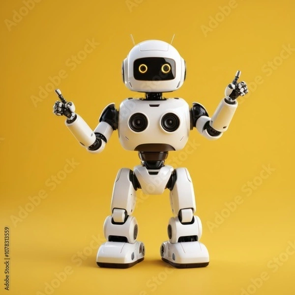 Obraz Cute white smiling robotic teen, mini unit robot toy gesturing isolated in the yellow solid color background, 3d rendering