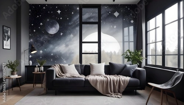 Fototapeta Scandinavian living room interior design zoom background,Doodle Galaxy patterned wallpaper graphics