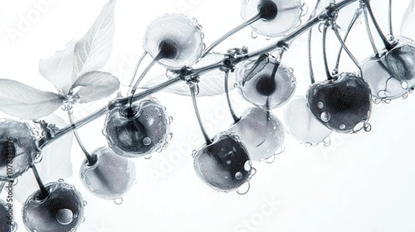 Fototapeta Clear, translucent cherry in a close-up X-ray style, water droplets glistening on top, large negative space, oblique angle on a white background