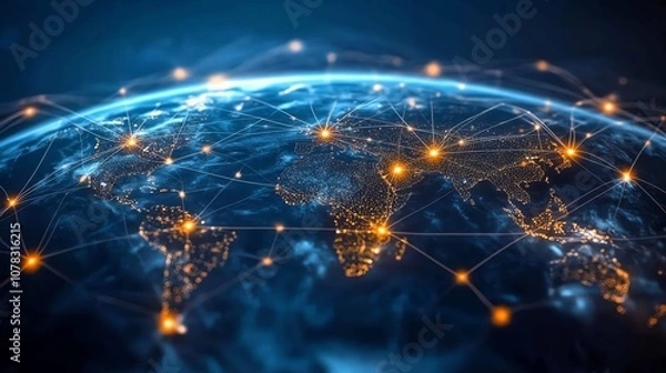 Fototapeta Conceptual image of a global network with business nodes, showcasing collaboration among human resources worldwide across various platforms