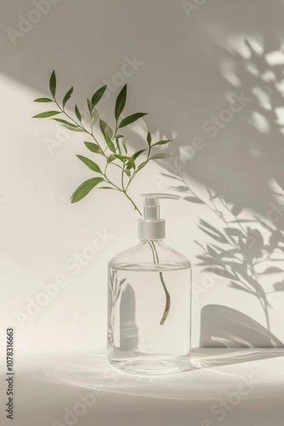 Fototapeta A sprig of leaves in a clear bottle of water.