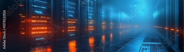 Fototapeta Explore the intricacies of modern data centers with high-tech server racks and futuristic lighting