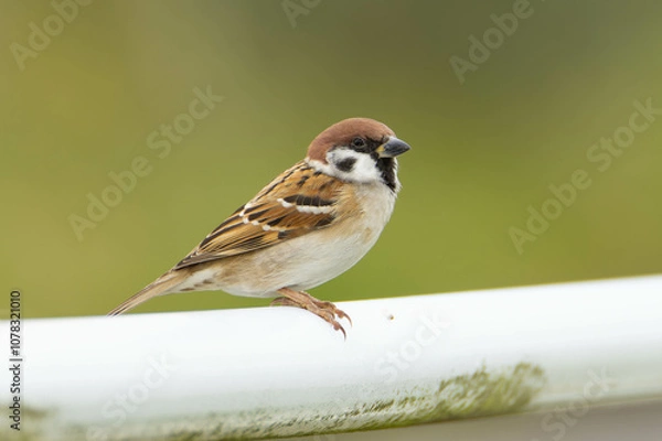 Obraz 一羽だけガードレールにとまっているスズメ