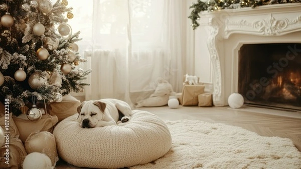 Fototapeta Warm New Year's setting with cream cushions, beige rug, and dog by fireplace, calming atmosphere with subtle holiday decor. Glitter. Christmas, New Year's Eve