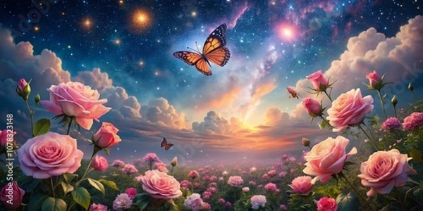 Fototapeta Roses Blooming Under a Starry Sky with a Butterfly Flying Through Clouds