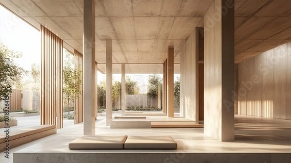 Fototapeta A minimalist concrete and wood building with an open courtyard, benches, and natural light.