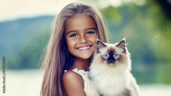 Fototapeta Cure little White girl smiling with her fluffy kitten in a softly glowing, dream-like scene that embodies the love, happiness, and tenderness between family and pets
